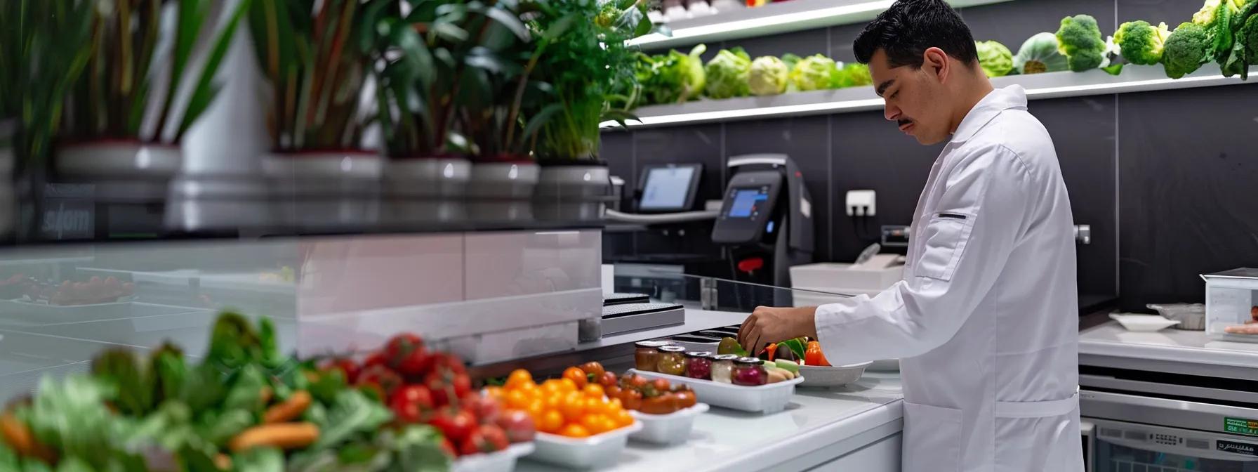 a sleek, modern clinic environment showcases a focused nutritionist analyzing a high-tech food sensitivity testing device amidst vibrant samples of healthy foods, emphasizing the connection between testing and improved health.