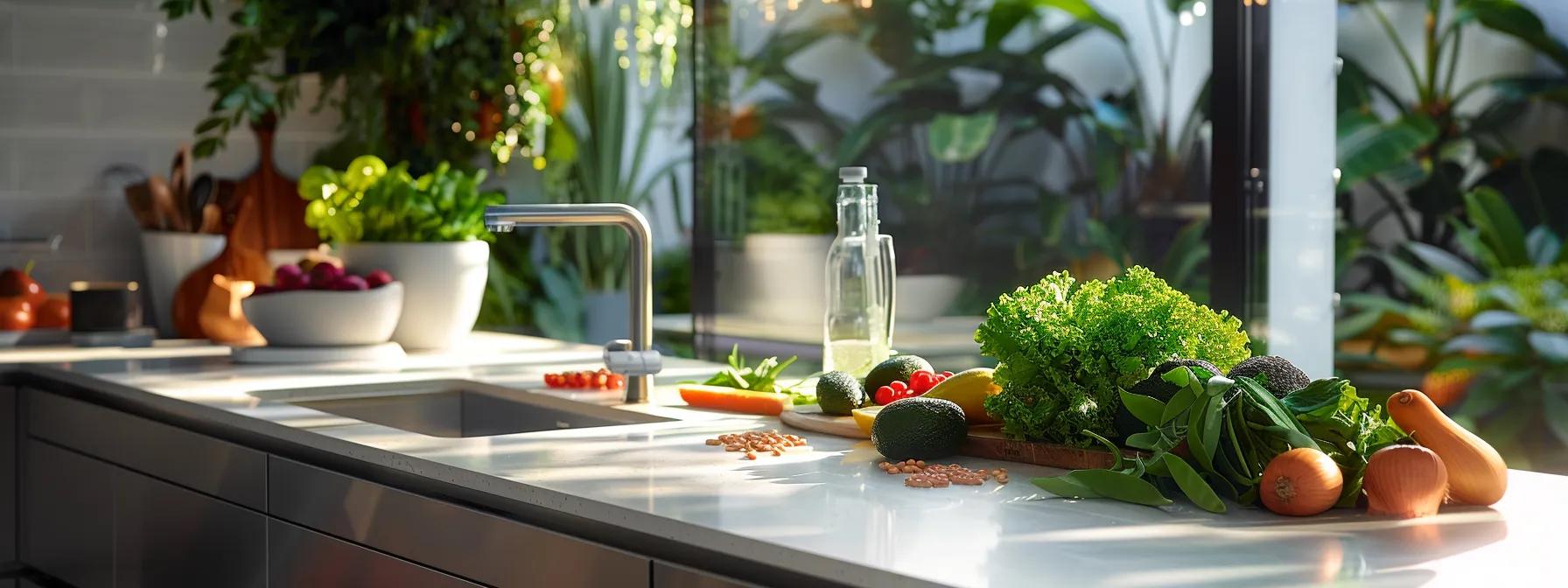 a sleek, modern kitchen features a vibrant spread of foods like leafy greens, avocados, and legumes arranged on a polished countertop, set against a backdrop of minimalist architecture that emphasizes a healthy lifestyle.