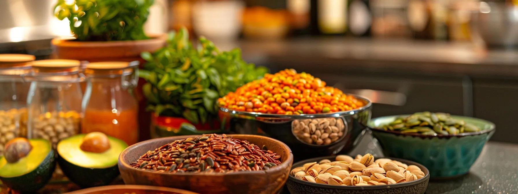 a vibrant, well-organized kitchen countertop displays an array of colorful foods rich in vitamin e, including avocados, nuts, and seeds, illuminated by warm, inviting overhead lighting.
