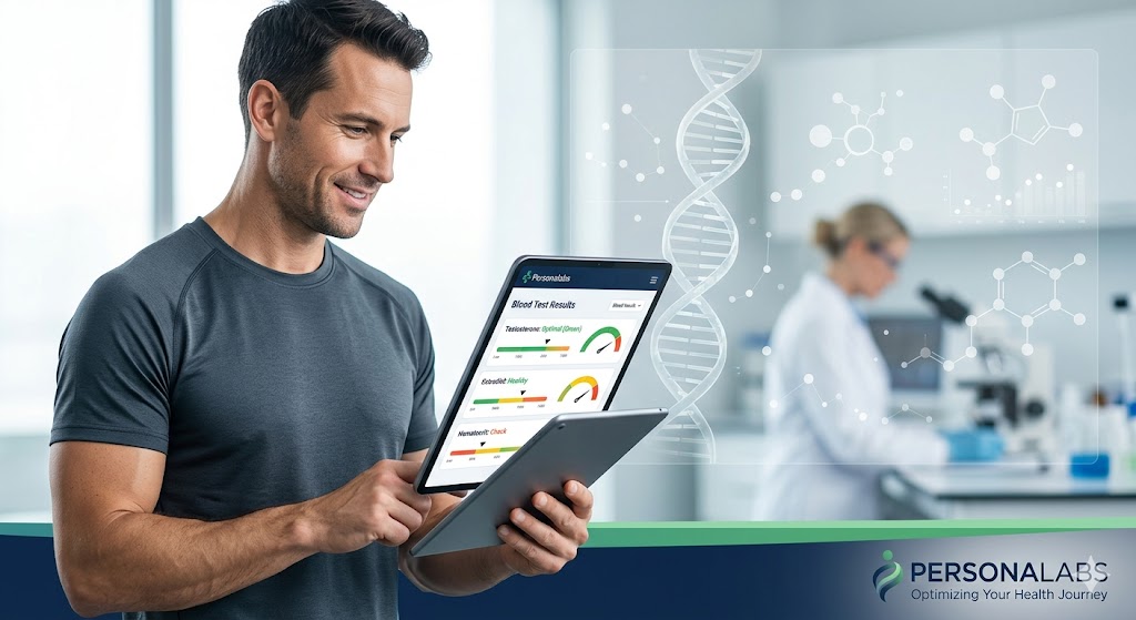 A man checking optimized TRT lab results and charts on a digital tablet, illustrating data interpretation.